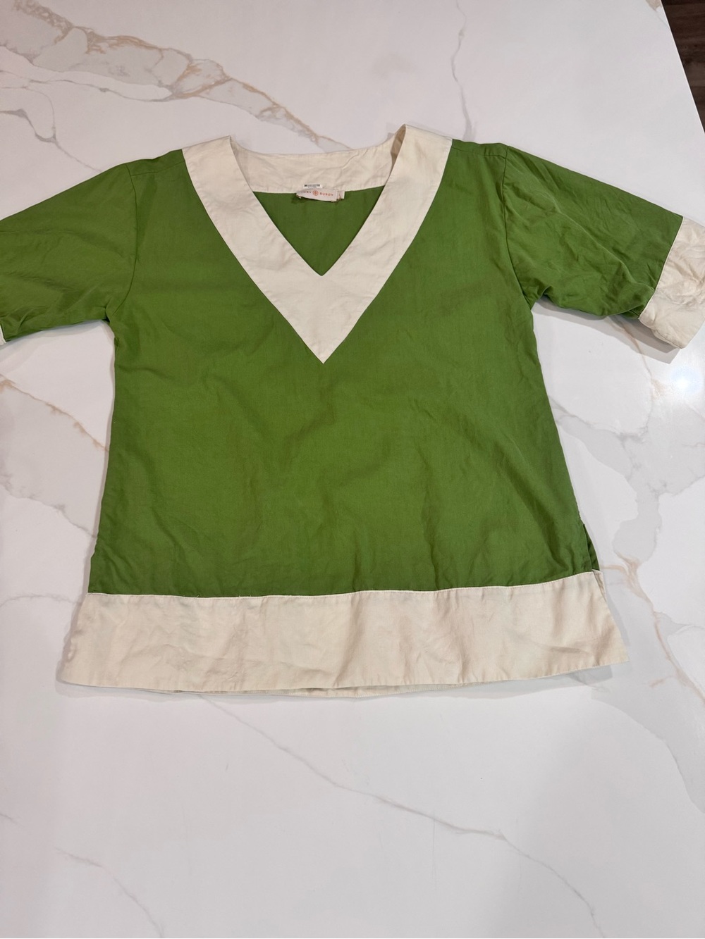 Tory Burch Green and Cream V-Neck Short Sleeve Top